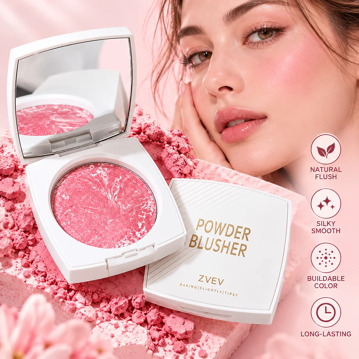 ZVEV Marble Baked Blush Powder, Watermelon Glow Natural Flush Cheek Rouge, Long Lasting Blendable Face Blusher Makeup with Mirro