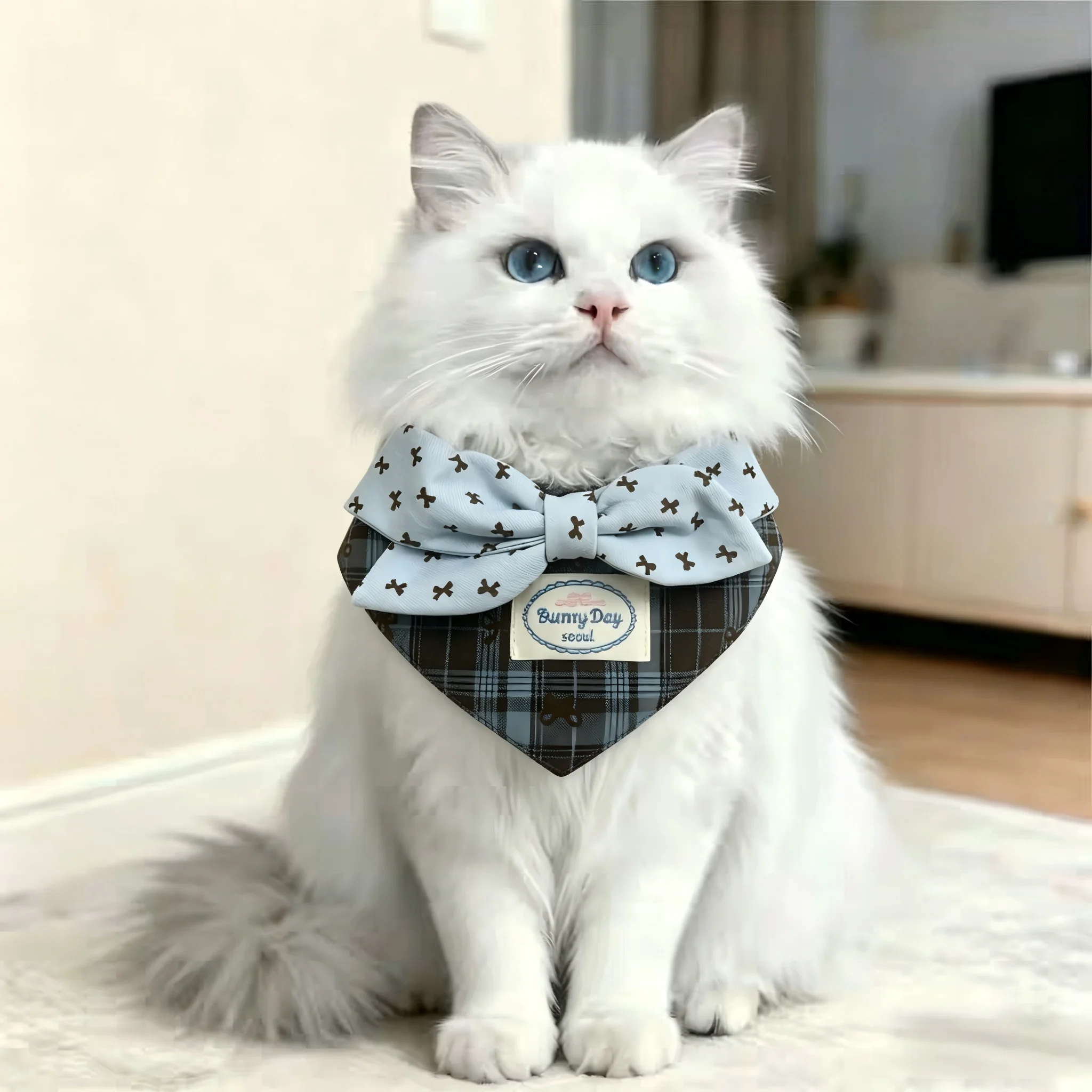 Plaid Pet Bandana Bone Print Bow Decor Label Tag Daily Wear Birthday Party Photo Prop Costume Decor Gift
