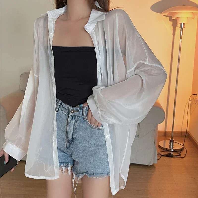 See Through Chiffon Holiday Beach Shirts 2023 Fashion Women Blouse Summer Long Sleeve Tops Sun Protection Clothes Blusas 22209