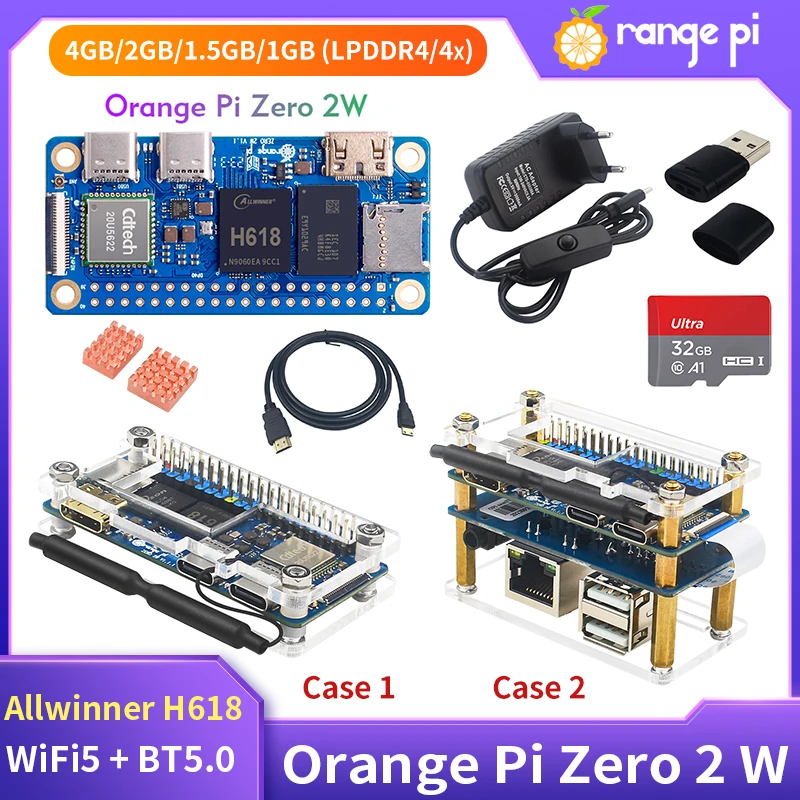 Orange Pi Zero 2 W 4GB 2GB 1.5GB 1GB LPDDR4 Mini PC Allwinner H618 Quad-core Cortex-A53 WiFi5 + BT5.0 Optional Expansion Board