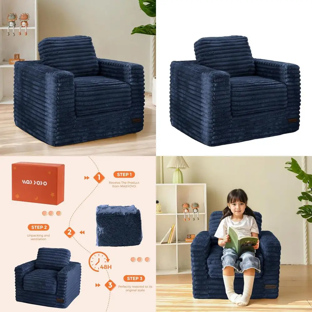 

Navy Kids Faux Fur Bean Bag Chair with Pillows and Armrests, Cozy Floor Sofa for Boys & Girls