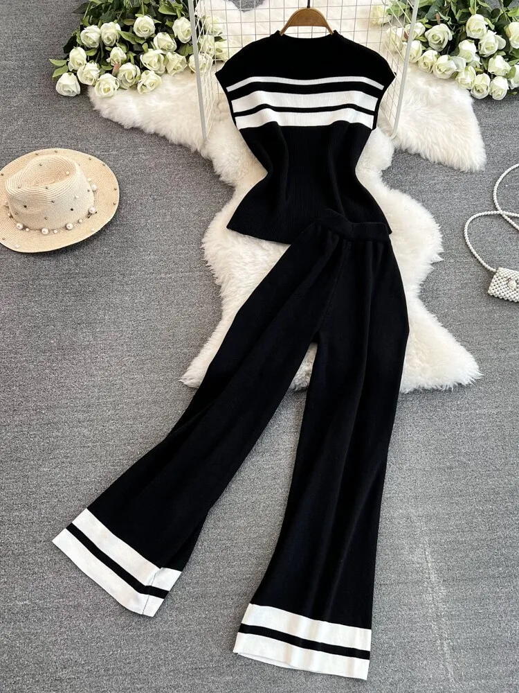 

Faionable корейский женский вязаный облегающий топ с короткими рукавами и прямые брюки с высокой талией, комплект из двух предметов, повседневный утягивающий комплект