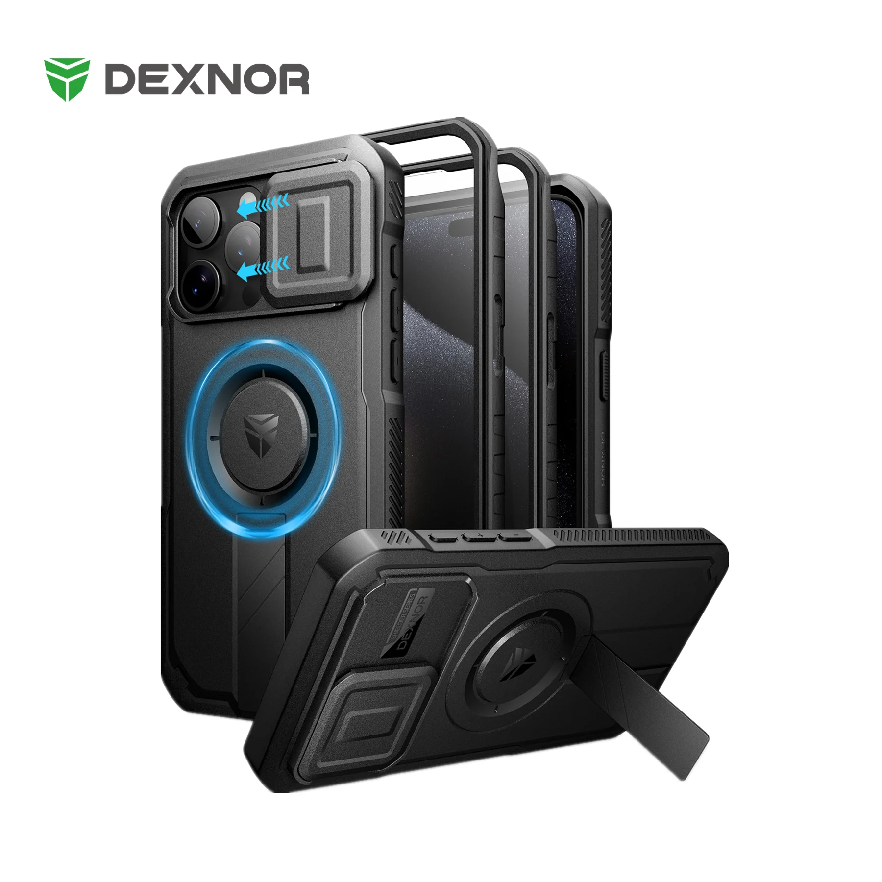 

Прочный противоударный чехол для iPhone 15 Pro Max со встроенной раздвижной крышкой для камеры и встроенной защитной подставкой для экрана