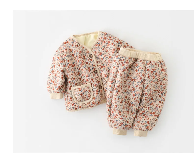 Koreanische Winter Kinder Mädchen 2PCS Kleidung Baumwolle Verdicken Floral Grenze Kind Jogger Hosen Anzug Langarm Einreiher Outfit – Detail 4