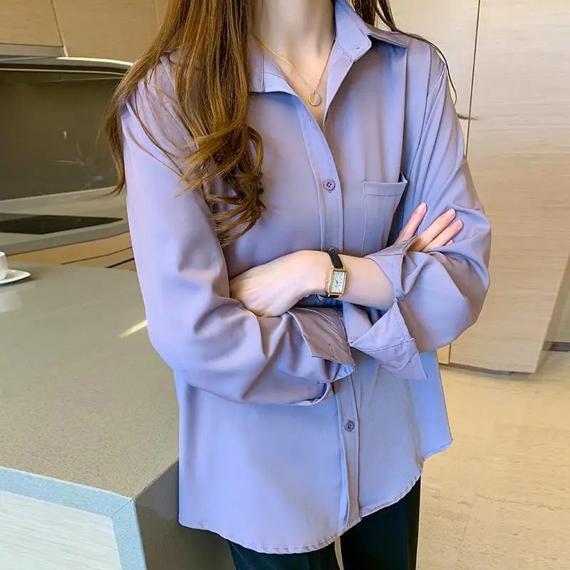 Office Pocket Single-breasted Personality Purple Blouse Women New Long Sleeve Korean Polo Collar All-match Chiffon Shirt 2022