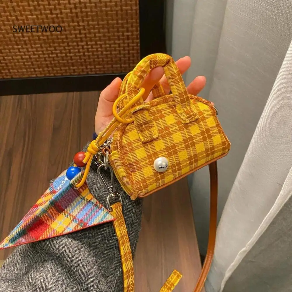 Kawaii Tiny Plaid Shoulder Bag, Small Yellow Check Handbag with Removable Charm