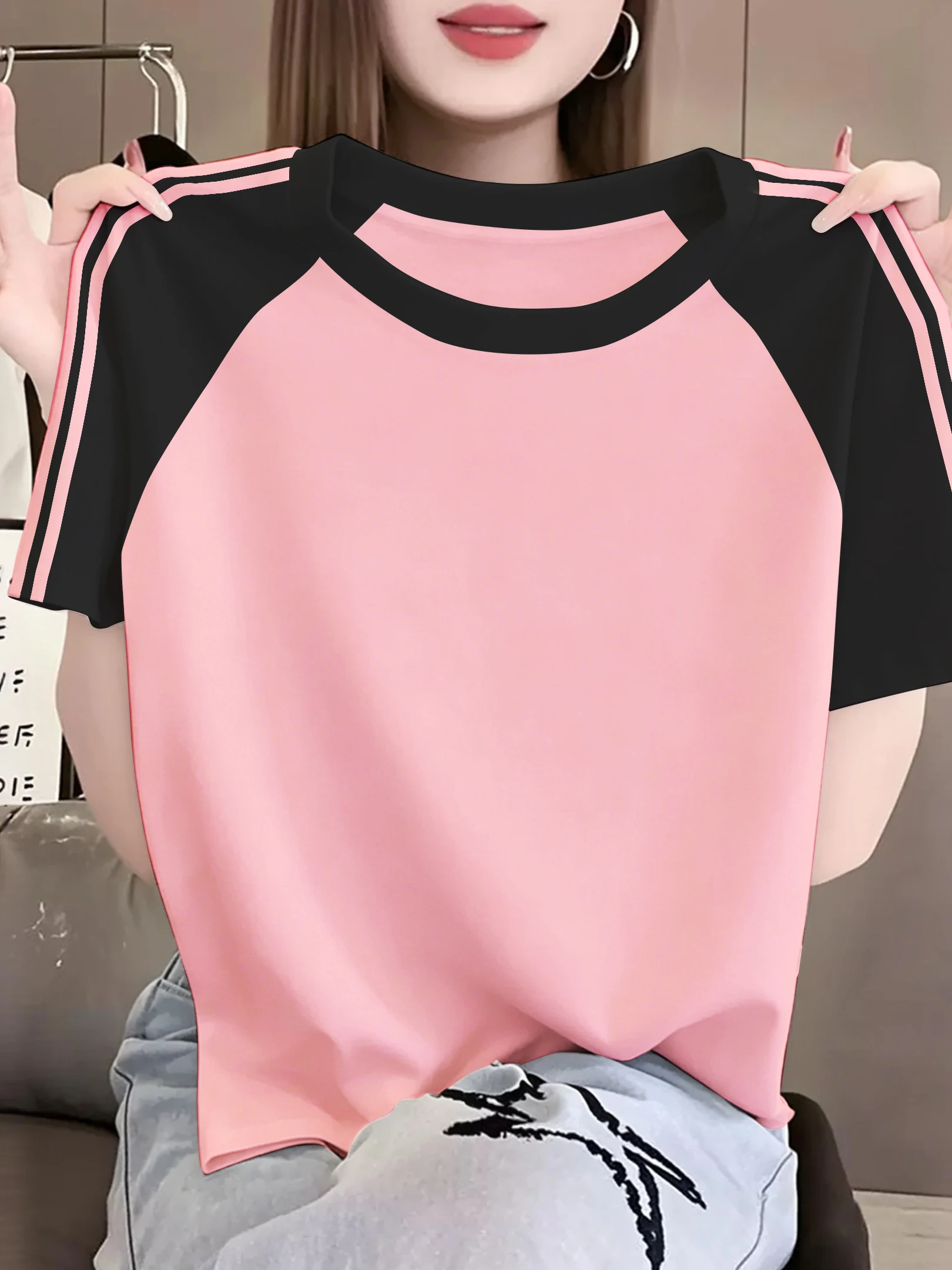Loose Fit Pure Cotton American Sportswear Casual Brand Women's Summer Striped Grey T-Shirt Top round Neck Short Sleeve
