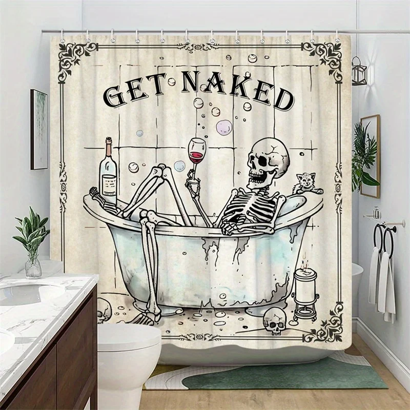 

"Unique Skeleton 'Get Naked' Waterproof Shower Curtain, Fun Halloween Design for Quirky Bathroom Decor"