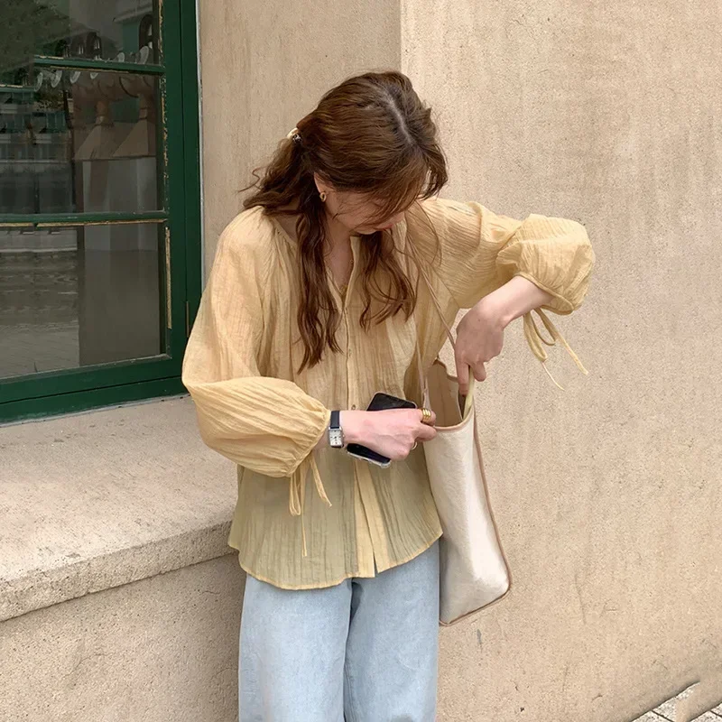 Summer New O-neck Lantern Long Sleeve Chiffon Blouse Super Thin Sun Protection Shirt Korean Loose Blouse Chemise Blusas