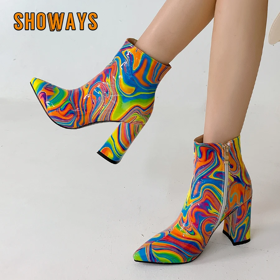 

Winter Glossy Mixed Color Pointed Toe Ankle Boots Women's High Chunky Heel Dress Party Ladies Zipper Cozy Warm Plush Short Boots