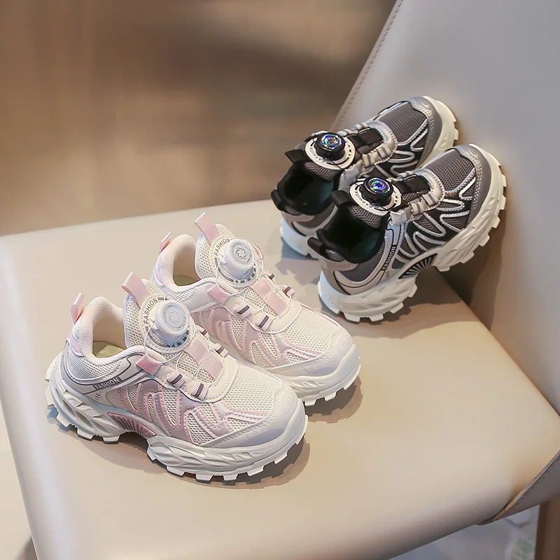 

2025 Autumn Kids Running Shoes Rotating Button Thick Soft Sole Children Sneakers Mesh Breathable Students Casual Shoes Non-slip