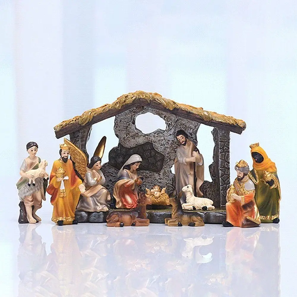 12pcs Resin Christmas Manger Set Christmas Ornament Holy Family Crafts Jesus Crafts Statue Statue Decor Nativity Scene