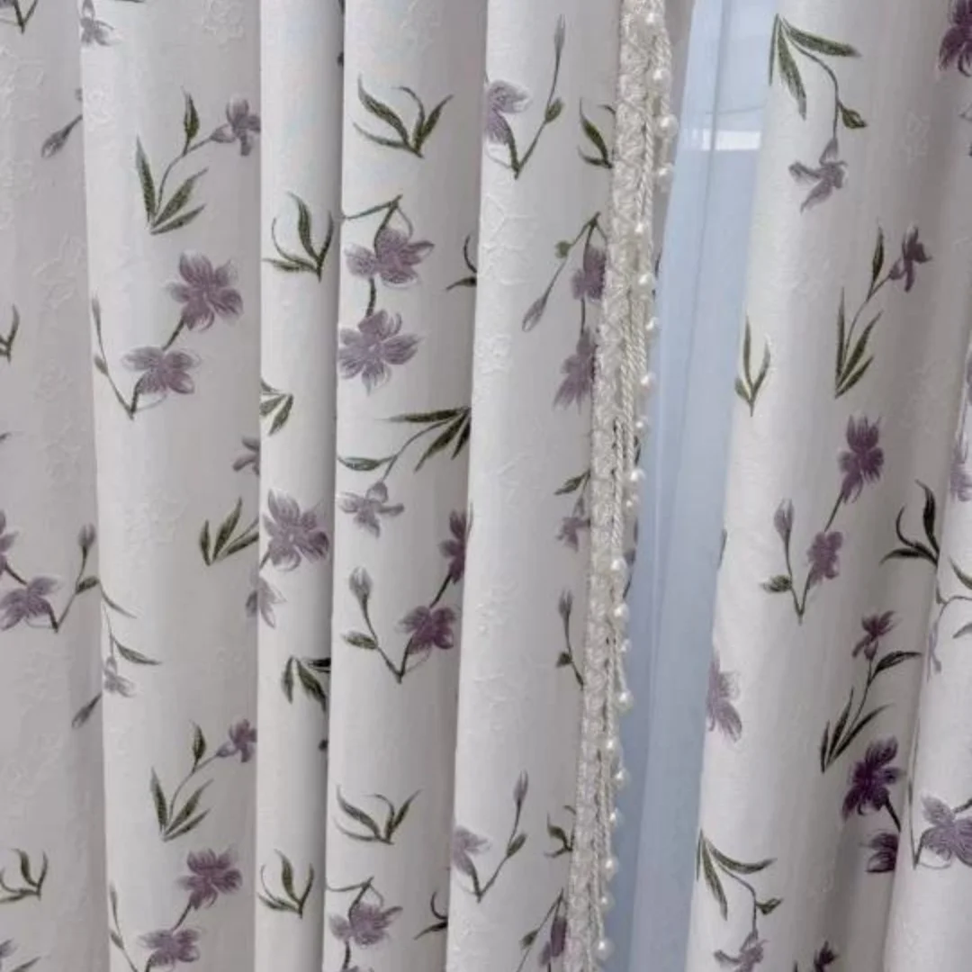 Vintage French Purple Floral Jacquard Blackout Curtain, Exquisite Pearl Tassel Braid Trim Decorative Window Drapes for Bedroom