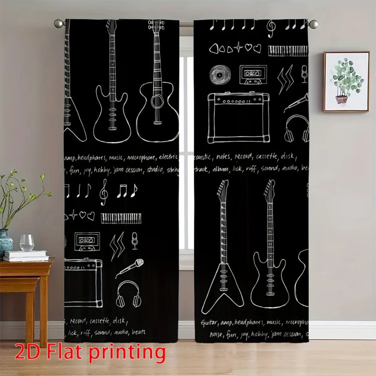 Rock Music Guitar Curtains, Vintage Instrument Print Blackout Drapes, Band Decor for Studio Bedroom Living Room Window Treatment