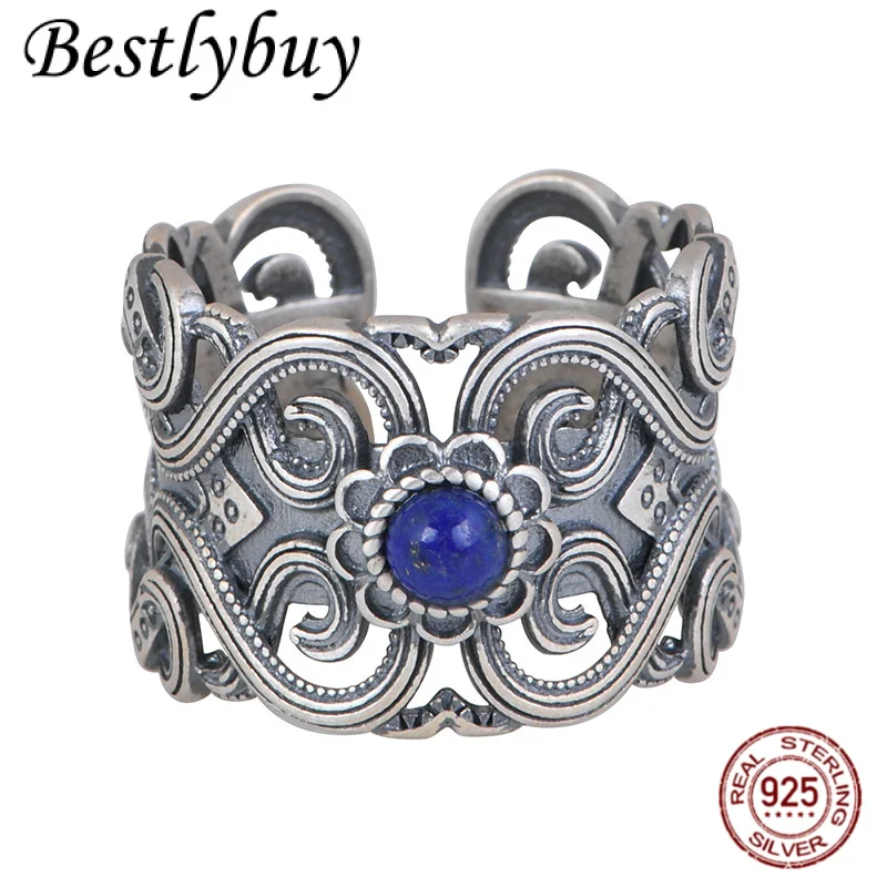 

S925 Pure Silver Retro Thai silver Lapis Lazuli Ring Fashionable Wide Version Hollowed Out Natural Stone Couple Ring