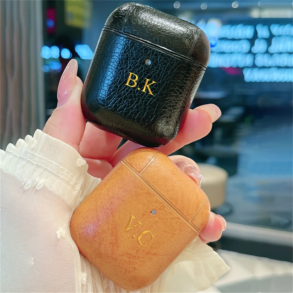 Luxury Personalized Name Letter Customization Leather Earphone Case For Airpods 1 2 3 Pro 2 Cover With Keychain Headphone Cover
