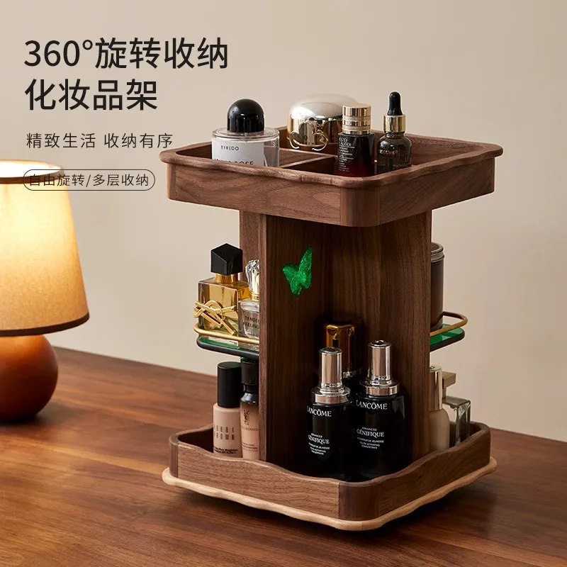 #Shelf Rotatable Desktop Dresser Skin Care Essence Walnut Solid Wood Multi-layer Storage Rack