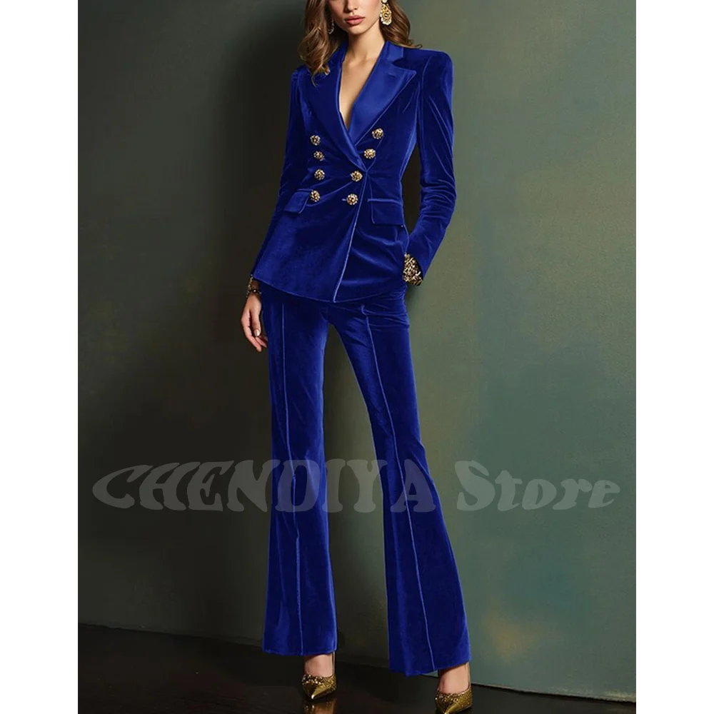 Royal Blue Velvet Women Suit Luxury 2025 Peaked Lapel Elegant Outfit Double Breasted New Autumn Modern Fashion Lady Set 2 Pieces