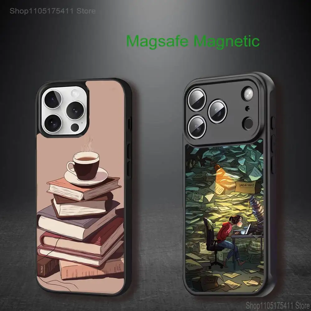 

R-Reading Bookshelf Girl Phone Case For iPhone 17,16,15,14,13,12,11,Pro,Max,Plus,Mini,SE4,E Magnetic Magsafe Wireless Charging
