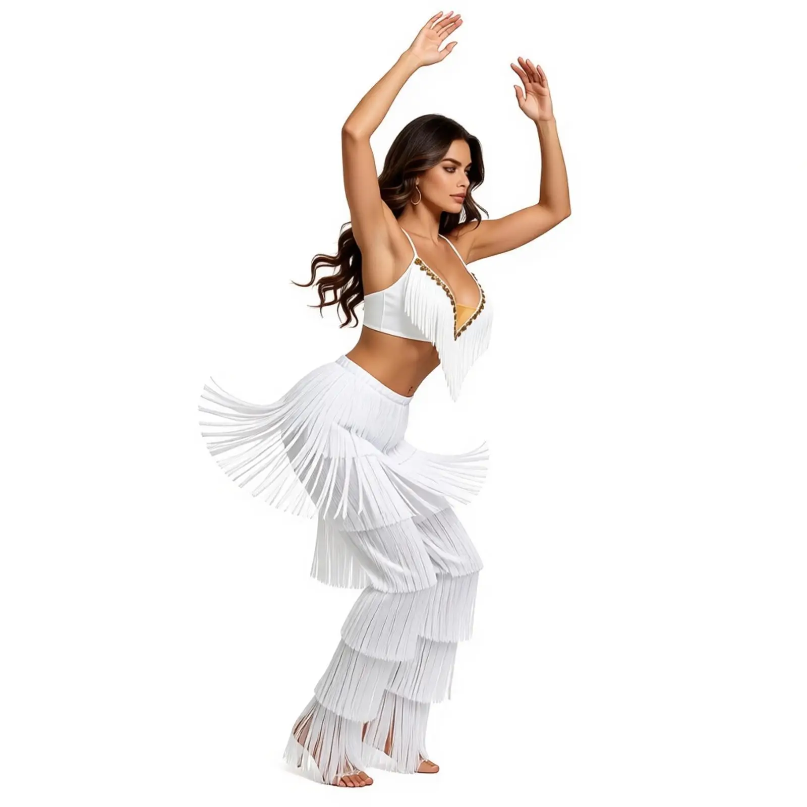 

Women Latin Dance Costume Outfit Fringed Crop Top Contrast Color Trousers Tassels Party Pants Female Chacha Tango Rumba Dance