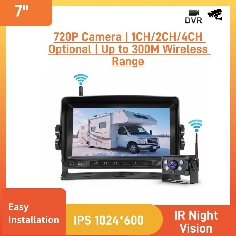 7 Inch IPS 1024*600 Digital Wireless Truck Backup Camera System, 720P Camera, 1CH/2CH/4CH Optional, 300M Open Range, 12-24V Vehi