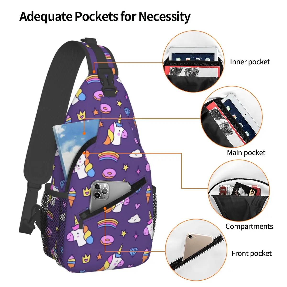 Ice Cream Unicorn Chest Bag Men Sling Crossbody Backpack Chest Bag Travel Hiking Daypack Shoulder Bag