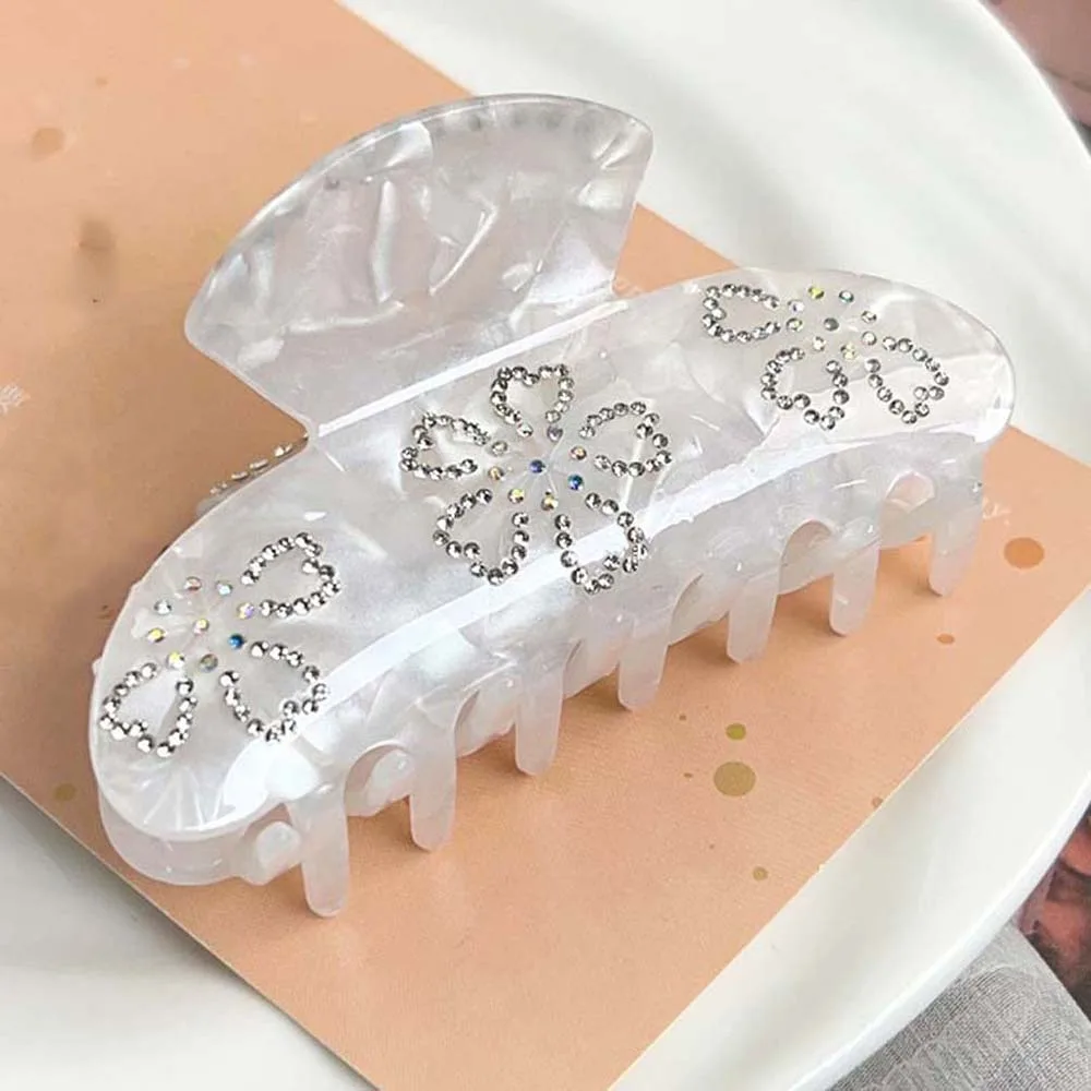 

Iridescent Rhinestone-inlay Hair Claw Korean Style Contrast Color Women Shark Clip Elegant Flower Acrylic Hair Claw Female