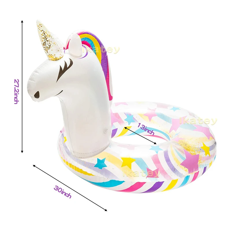 Inflatable Unicorn Pool Float Swimming Ring with Glitter Inflation Swimming Floaties Transparent Summer Beach Party Decoration