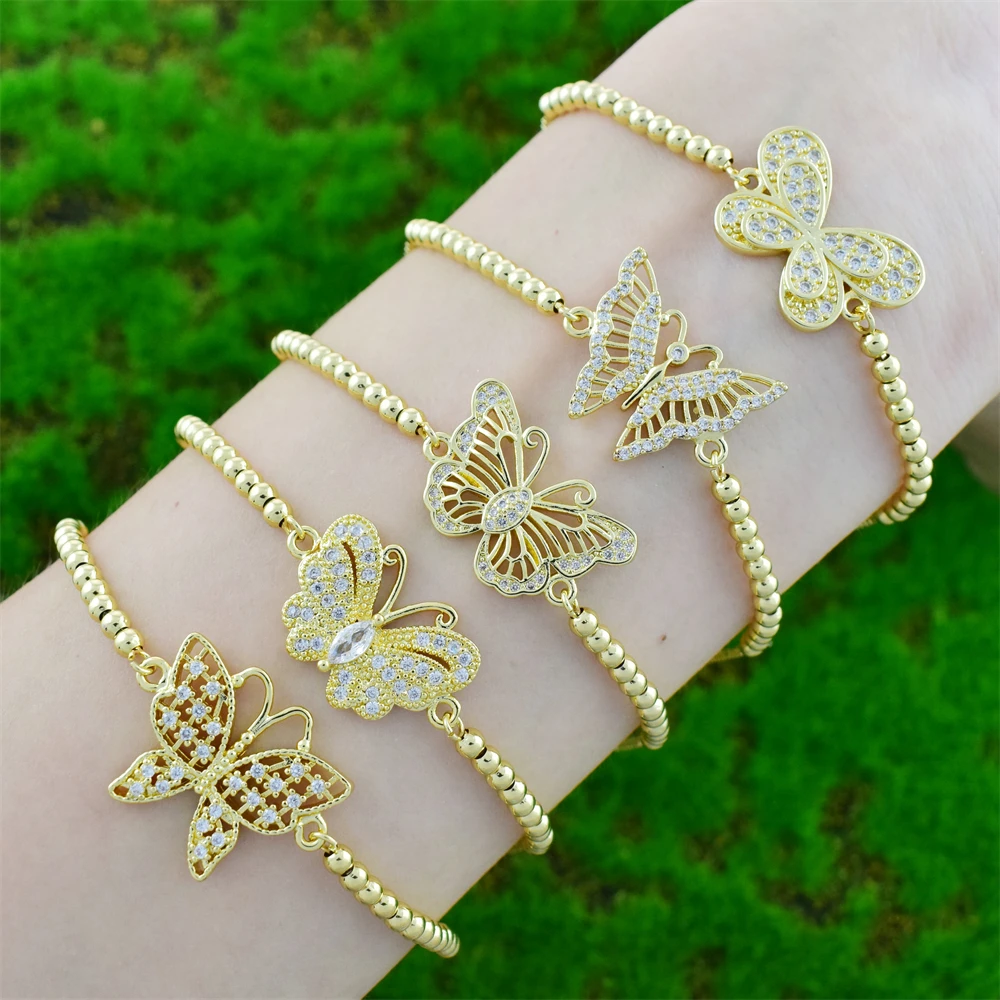 Wholesale Gold Pave CZ Beaded Chain Bracelet Butterfly Cutout Design Zircon Tennis Bracelet Women Gift Fashion Jewelry