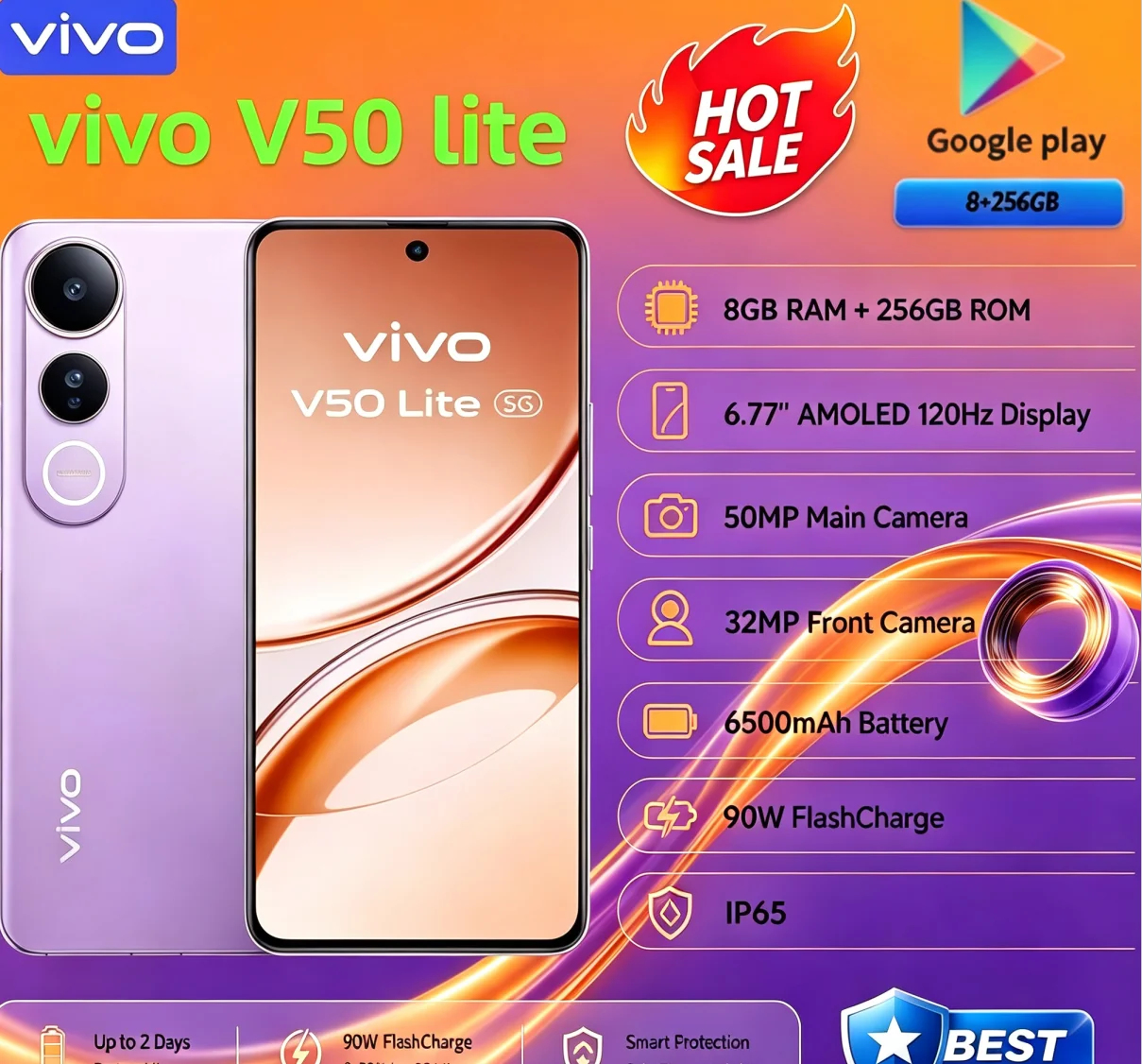 Hot Item 2026 Original VIVO V50 Lite Unlocked Smart Handset 8+256GB Large Storage 6.58‑Inch Full‑View Screen Dual 64MP Rear
