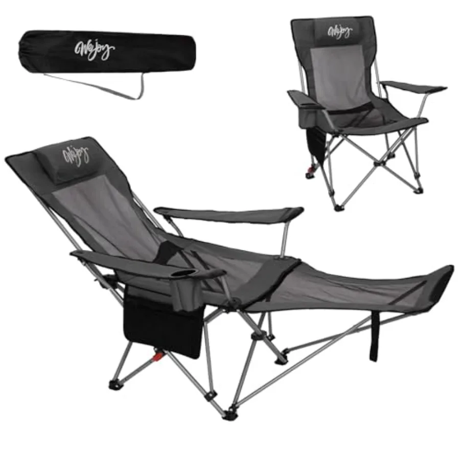 

2-in-1 Reclining Camping Chair with Footrest for Adults: Heavy Duty Steel Frame, Black, Lightweight Foldable with Adjustable Ba