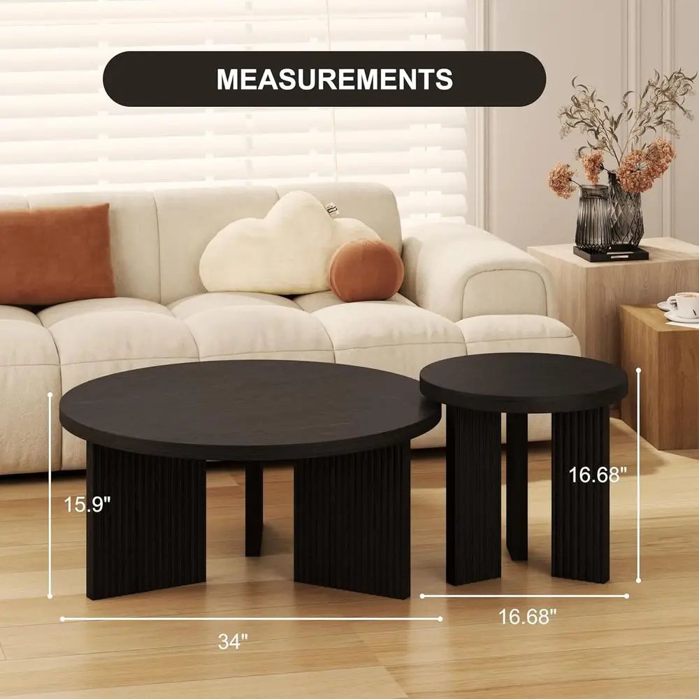 Nesting Coffee Table Set of 2, Black Wooden Coffee Table, Circle Tea Table and End Table Set, Accent Center Tables for Living Ro