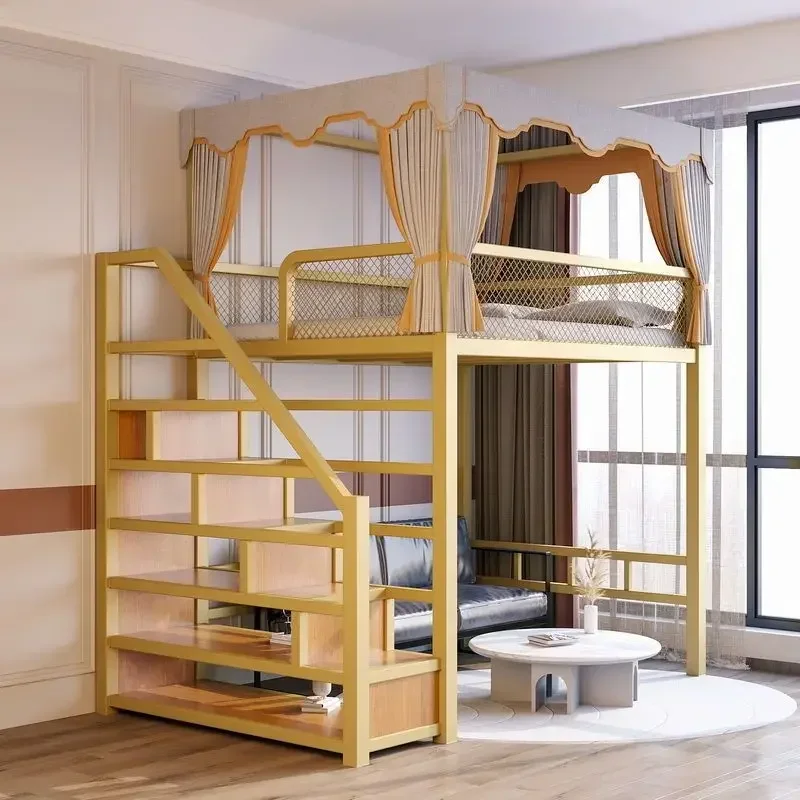 Small apartment wrought iron high and low iron frame bed,home duplex second floor bed, attic bed