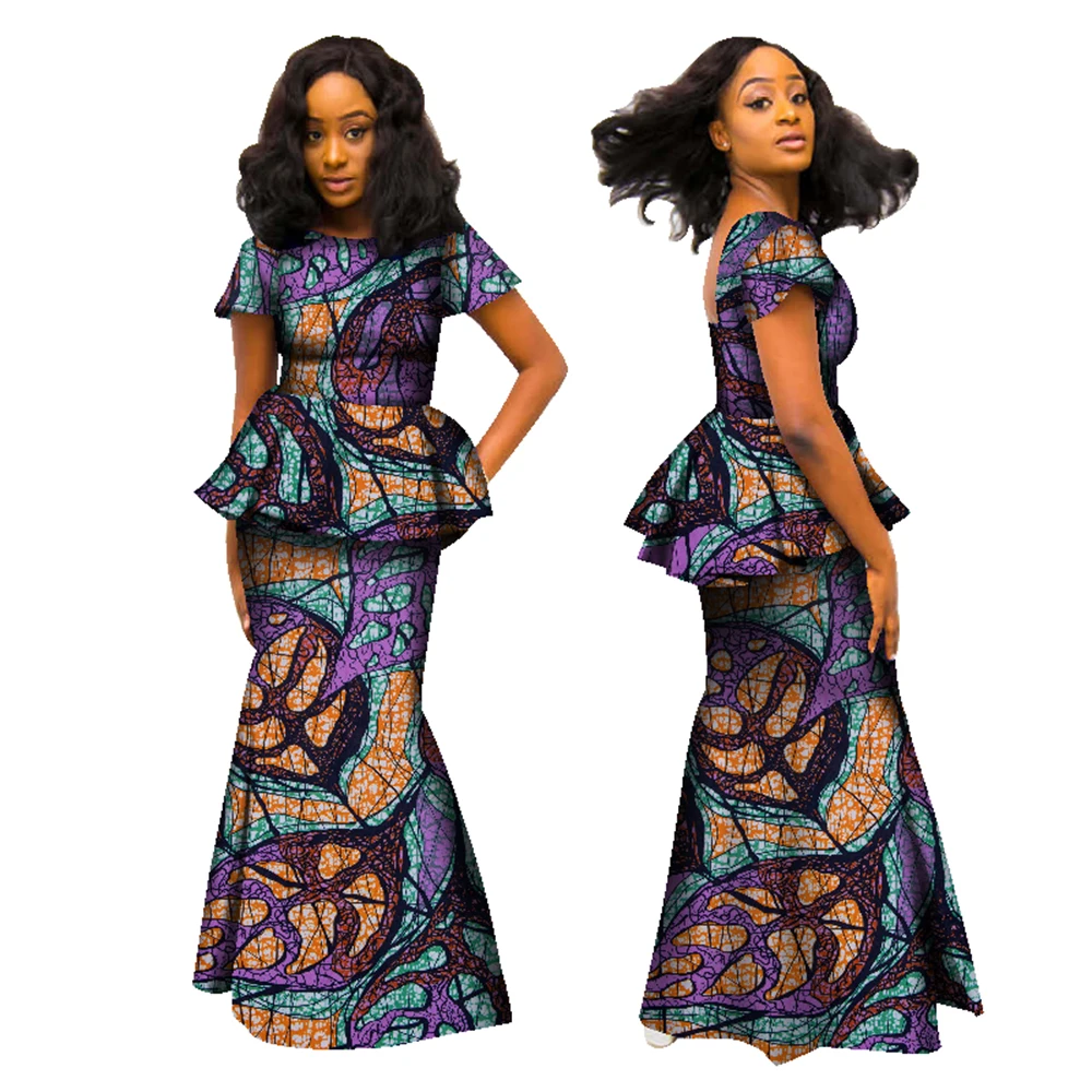 Bintarealwax African Skirt for Women Dashiki Backless O-Neck Short Sleeve Tops & Long Skirt 2 Pieces Set Africa Clothes WY1695