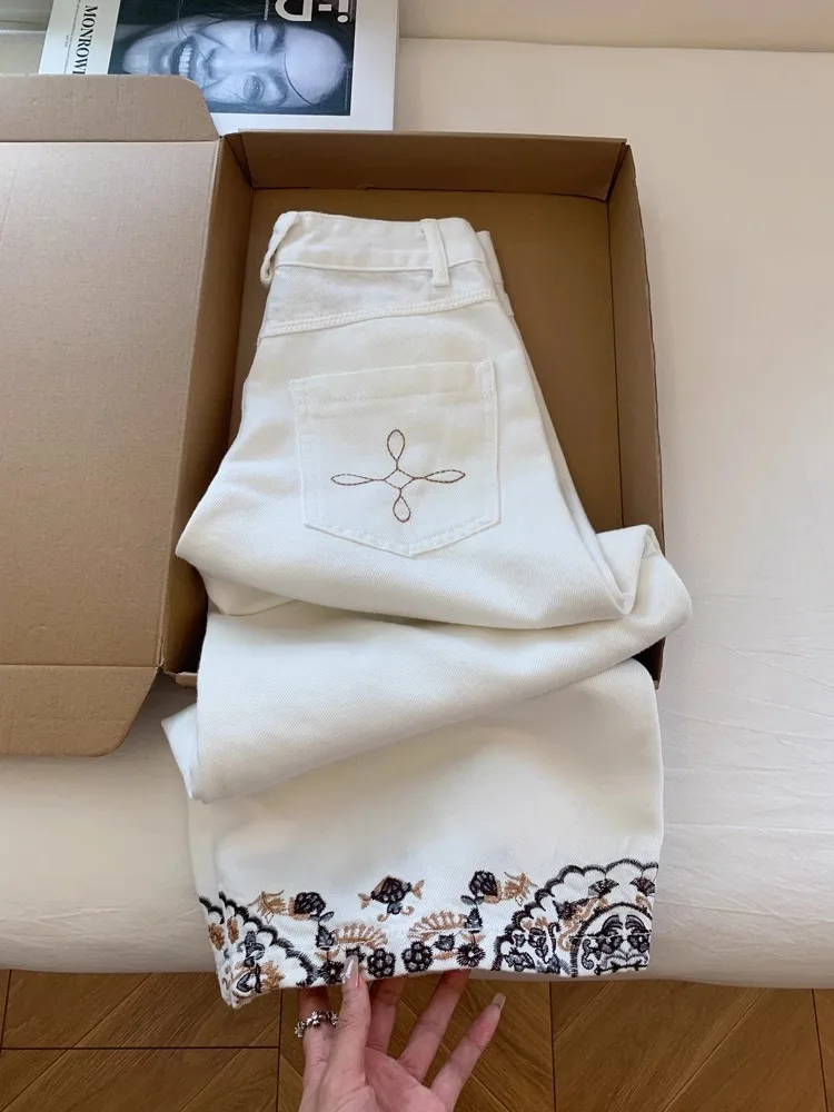 

Fashion Embroidere Pattern Pants For Women Loose High Waist Commuting Jeans Daily Solid Color Straight-leg Pant