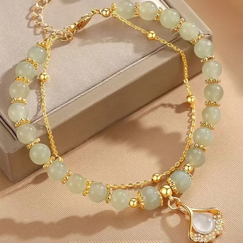 Natural Hetian Jasper Three Lifetimes Have Apricots Meet You Double Apricot Leaf Bracelet Exquisite Charm Luxury Fashion Jewelry