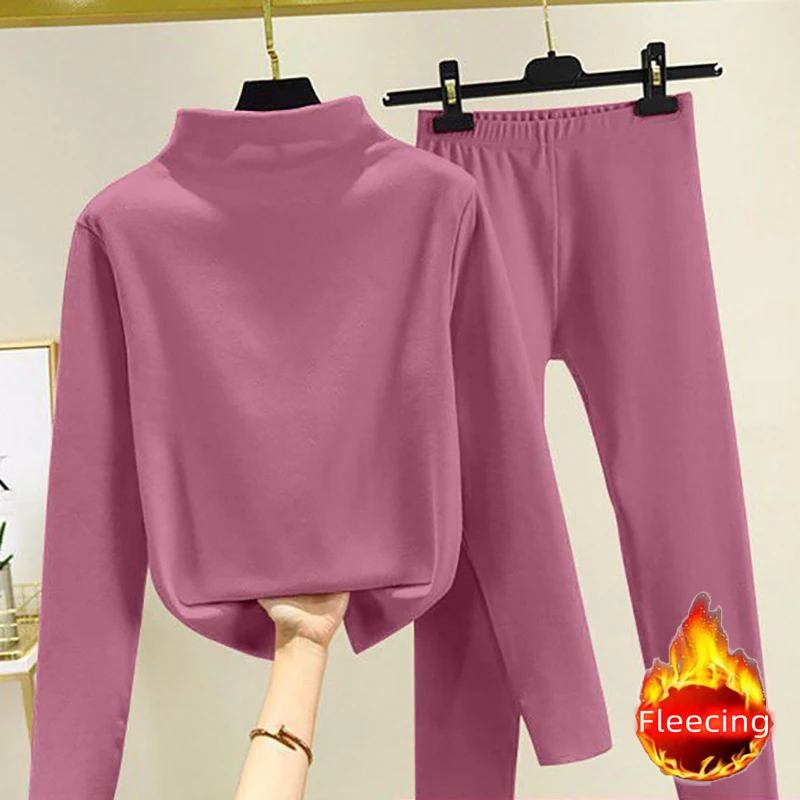 Casual Elegant Autumn Winter Women\'s Set Hight Neck Fleeceing Long Sleeve Basics Top Elastic Waist Pants Pajamas Set All Match