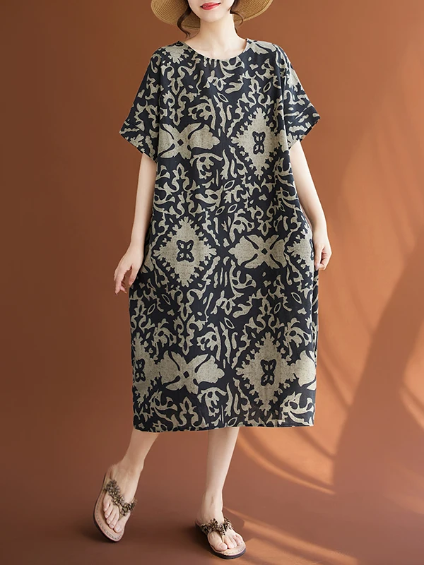 

plus Size Women's Printed Cotton Linen Loose Dress Summer New Style Retro Conceal Meat Slimming Women's Dress round Neck Shor...
