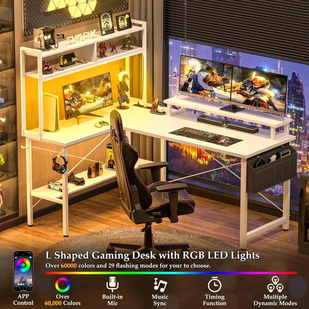 Aheaplus L字型ゲーミングデスク、電源コンセントとLEDライト付き、小型L字型デスク、コンピューターコーナーデスク、モニタースタンドとスタンド付き