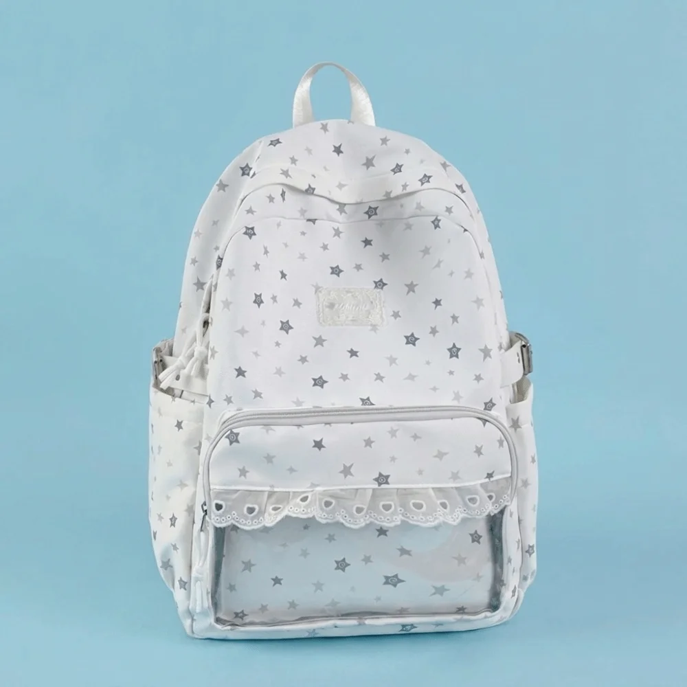 New Large Capacity School Backpack Lace Trim Transparent Student Rucksack Star Print Cute Aesthetic Backpack School Campus