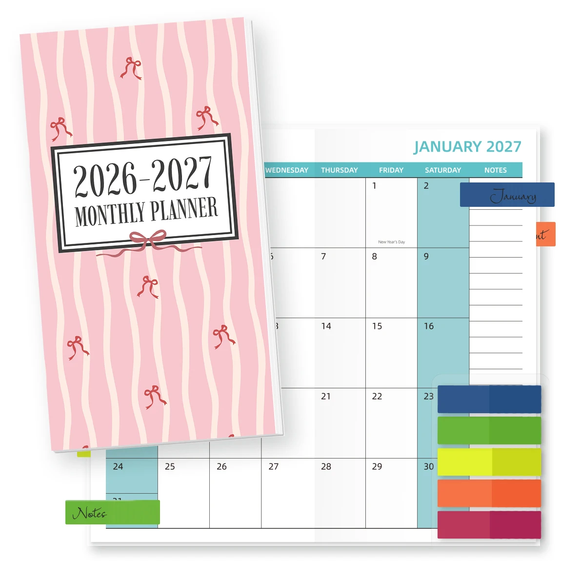 1PC A6 Monthly Planner, Pink Bow Stripe, with Stickers or Colorful Index Tabs, Compact Organizer for Office, Study & Travel
