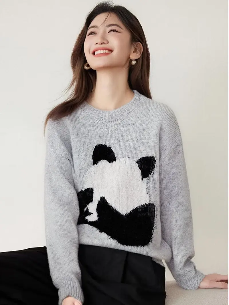Style coréen Panda dessin animé Patchwork doux épaissir femme pull automne hiver à manches longues pull ample tricots haut dame