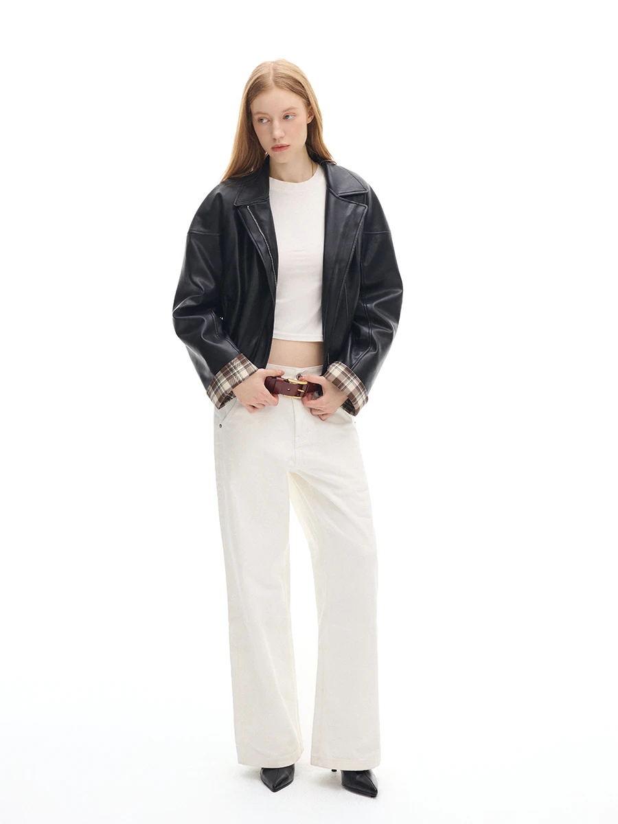 Retro xadrez motociclista couro jaet gola feminina design emenda outerwear couro do plutônio longo sve fechamento com zíper ajuste regular