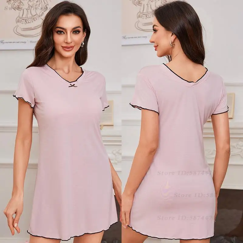 

Summer Thin Nightgown Sexy V-Neck Short Nightdress Female Plus Size 3XL Home Dress Chemise Sleepwear Lingerie Elastic Nightwear