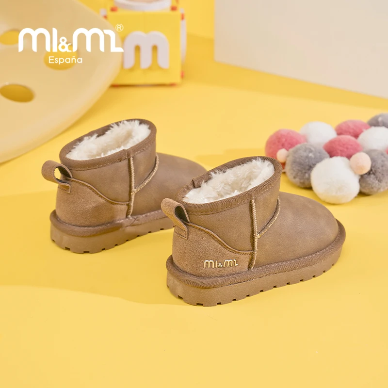 M1&M2 Nuevas botas de nieve sin cordones en el tobillo, suela gruesa de goma de algodón de felpa para niños y niñas, talla 24-34, ropa informal versátil para exteriores