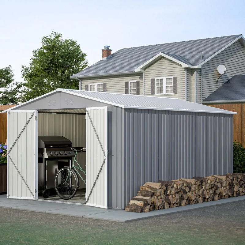 

10 x 12 ft Galvanized Steel Outdoor Storage Shed with Floor Frame, Double Lockable Doors, Gray Garden Tool Shed for Backyard Patio Lawn