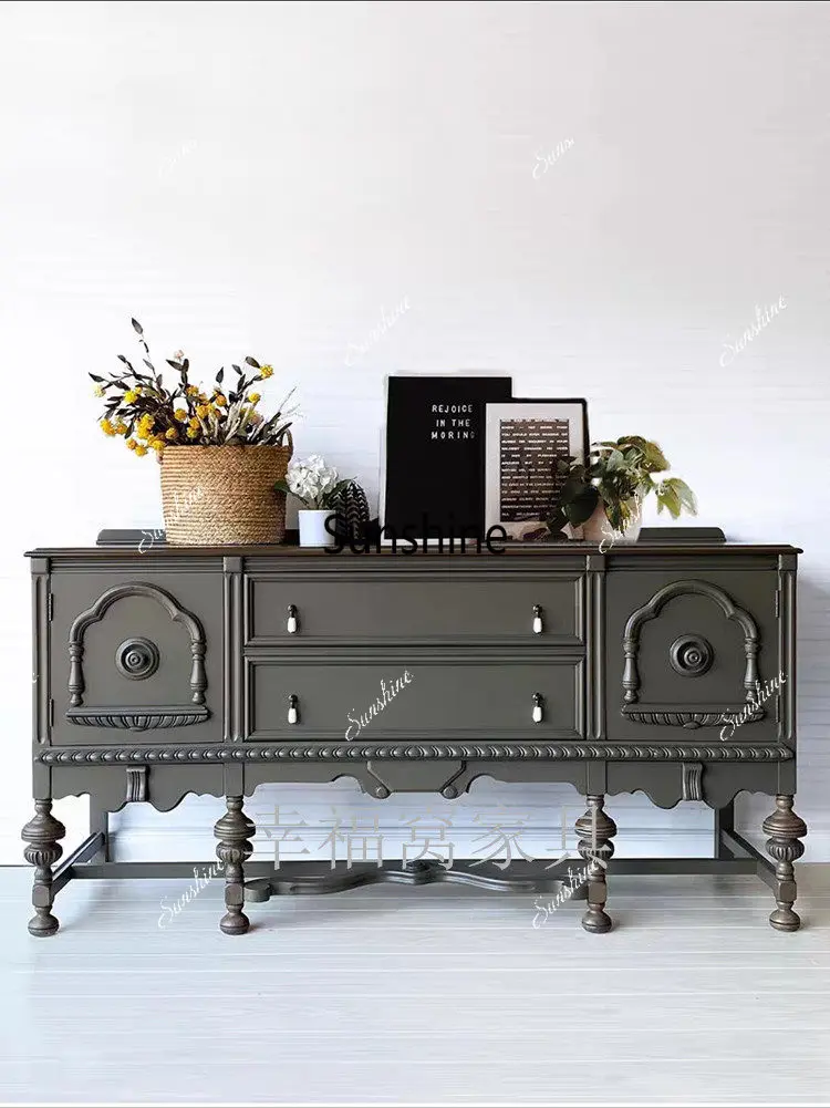

French solid wood carving flower entrance cabinet retro living room decoration cabinet