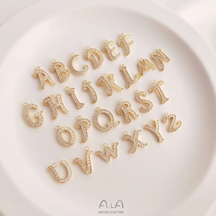 14K Gold 26 Zircon Letter Pendant Design Sense European And American Style DIY Necklace Bracelet Earrings Hanging Pendant