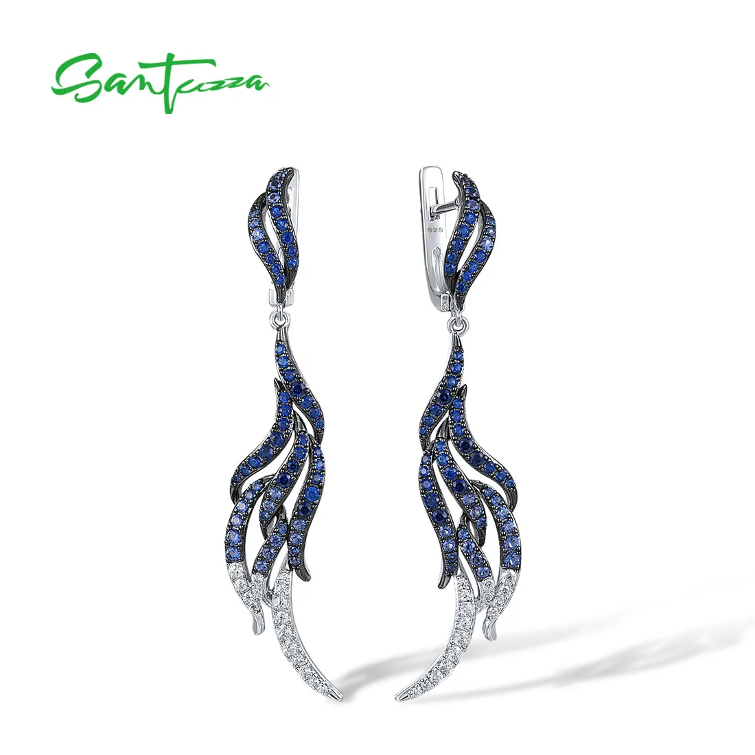 SANTUZZA 925 Sterling Silver Dangling Earrings For Women Blue Spinel White CZ Latch Back Curly Feather Elegant Fine Chic Jewelry