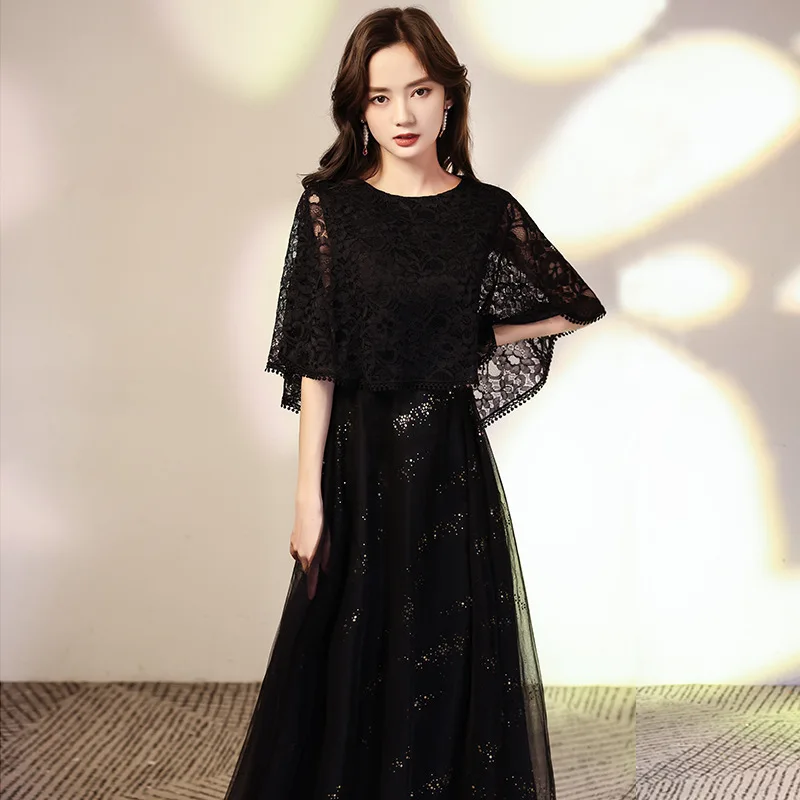 

Black Lace Evening Dress for Women Elegant O-Neck Tulle Banquet A-Line Dresses Female Short Sleeve Birthday Prom Gowns